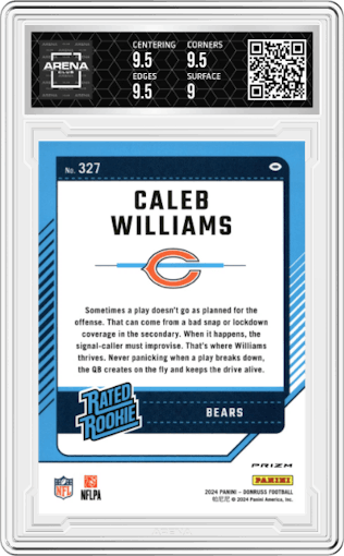 Caleb Williams from the 2024 Donruss set featuring a Blue Scope parallel graded by Arena Club and given an overall grade of 9.5.