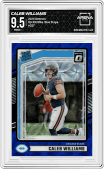 Caleb Williams from the 2024 Donruss set featuring a Blue Scope parallel and given an overall grade of 9.5.