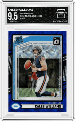 Caleb Williams from the 2024 Donruss set featuring a Blue Scope parallel graded by Arena Club and given an overall grade of 9.5.