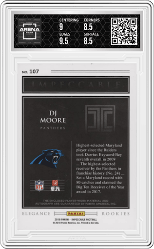DJ Moore from the 2018 Panini Impeccable set graded by Arena Club and given an overall grade of 9.