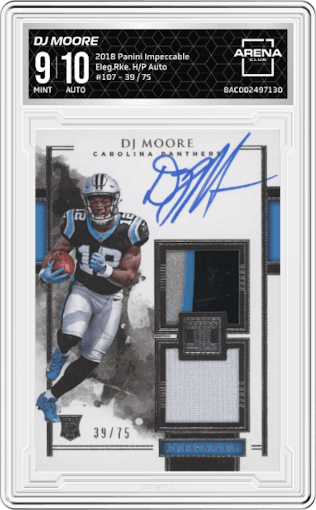 DJ Moore from the 2018 Panini Impeccable set graded by Arena Club and given an overall grade of 9.