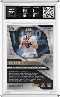 Drew Brees from the 2024 Panini Prizm set graded by Arena Club and given an overall grade of 9.5.
