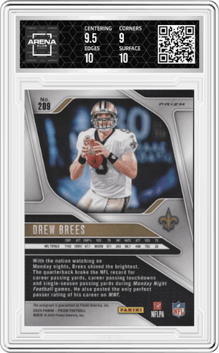 Drew Brees from the 2024 Panini Prizm set graded by Arena Club and given an overall grade of 9.5.