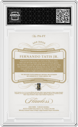 Fernando Tatis Jr. from the 2020 Panini Flawless set featuring a Gold parallel graded by Arena Club.