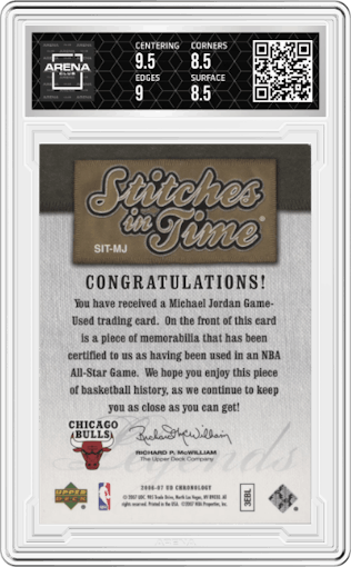 Michael Jordan from the 2006-07 Upper Deck Chronology set graded by Arena Club and given an overall grade of 9.