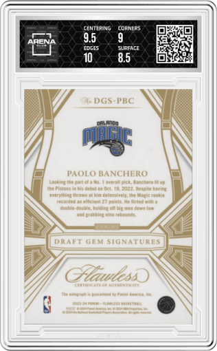 Paolo Banchero from the 2023-24 Panini Flawless set graded by Arena Club and given an overall grade of 9.