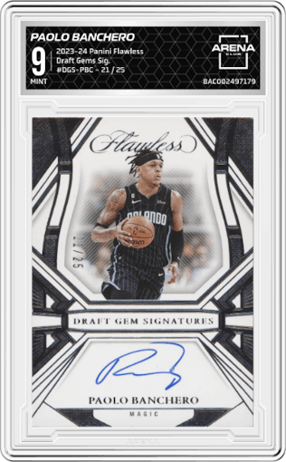 Paolo Banchero from the 2023-24 Panini Flawless set graded by Arena Club and given an overall grade of 9.
