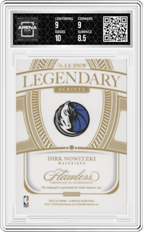 Dirk Nowitzki from the 2023-24 Panini Flawless set featuring a Blue parallel graded by Arena Club and given an overall grade of 9.