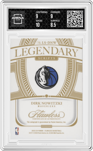 Dirk Nowitzki from the 2023-24 Panini Flawless set featuring a Blue parallel graded by Arena Club and given an overall grade of 9.