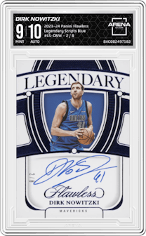 Dirk Nowitzki from the 2023-24 Panini Flawless set featuring a Blue parallel graded by Arena Club and given an overall grade of 9.