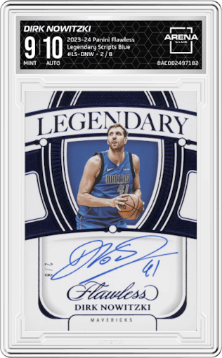 Dirk Nowitzki from the 2023-24 Panini Flawless set featuring a Blue parallel graded by Arena Club and given an overall grade of 9.