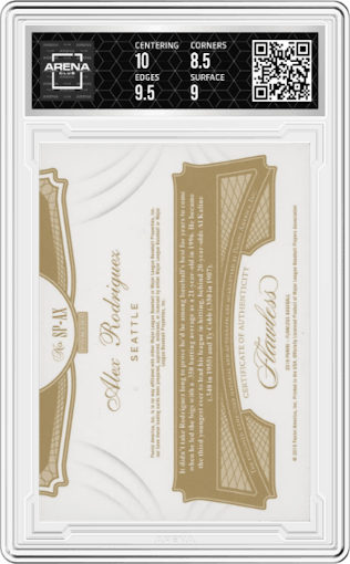 Alex Rodriguez  from the 2019 Panini Flawless set featuring a Sapphire parallel graded by Arena Club and given an overall grade of 9.