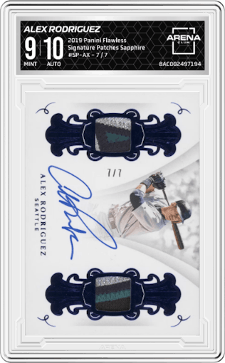 Alex Rodriguez  from the 2019 Panini Flawless set featuring a Sapphire parallel graded by Arena Club and given an overall grade of 9.