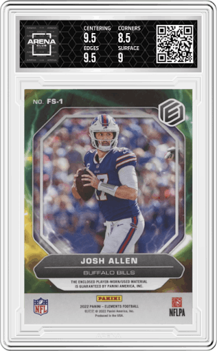 Josh Allen from the 2022 Panini Elements set featuring a Blue parallel graded by Arena Club and given an overall grade of 9.