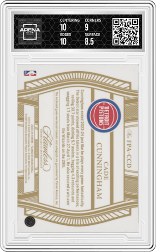 Cade Cunningham from the 2023-24 Panini Flawless set graded by Arena Club and given an overall grade of 9.