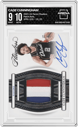 Cade Cunningham from the 2023-24 Panini Flawless set graded by Arena Club and given an overall grade of 9.