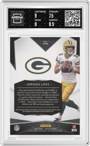 Jordan Love from the 2020 Panini Limited set featuring a Gold Spotlight  parallel graded by Arena Club and given an overall grade of 8.