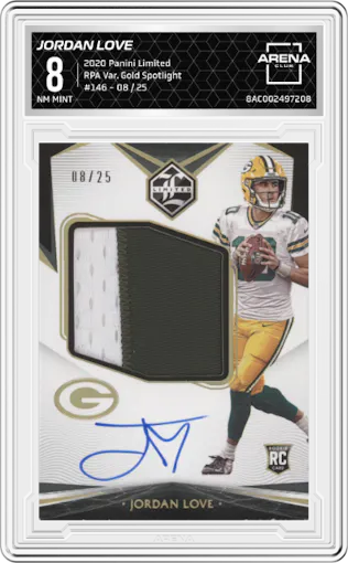 Jordan Love from the 2020 Panini Limited set featuring a Gold Spotlight  parallel graded by Arena Club and given an overall grade of 8.