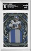 Jahmyr Gibbs from the 2023 Panini Obsidian set featuring a Electric Etch Green parallel graded by Arena Club and given an overall grade of 8.