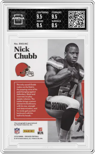 Nick Chubb from the 2018 Panini Encased set graded by Arena Club and given an overall grade of 9.