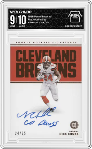 Nick Chubb from the 2018 Panini Encased set graded by Arena Club and given an overall grade of 9.