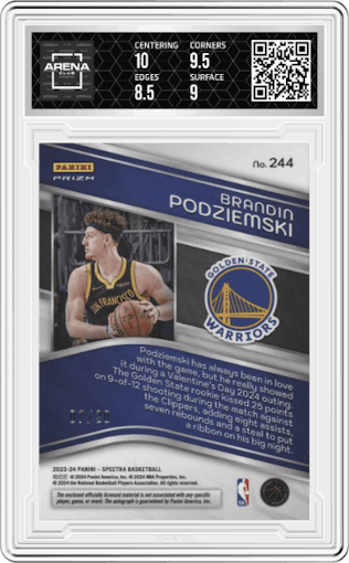 Brandin Podziemski from the 2023-24 Panini Spectra set featuring a Blue Wave FOTL parallel graded by Arena Club and given an overall grade of 9.