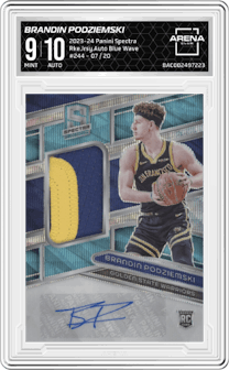 Brandin Podziemski from the 2023-24 Panini Spectra set featuring a Blue Wave FOTL parallel and given an overall grade of 9.