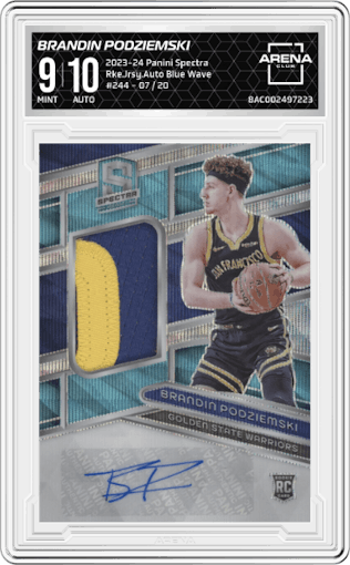 Brandin Podziemski from the 2023-24 Panini Spectra set featuring a Blue Wave FOTL parallel graded by Arena Club and given an overall grade of 9.