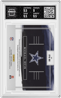 Michael Irvin from the 2023 Panini Impeccable set featuring a Gold  parallel graded by Arena Club and given an overall grade of 9.5.