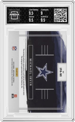Michael Irvin from the 2023 Panini Impeccable set featuring a Gold  parallel graded by Arena Club and given an overall grade of 9.5.