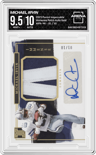 Michael Irvin from the 2023 Panini Impeccable set featuring a Gold  parallel graded by Arena Club and given an overall grade of 9.5.