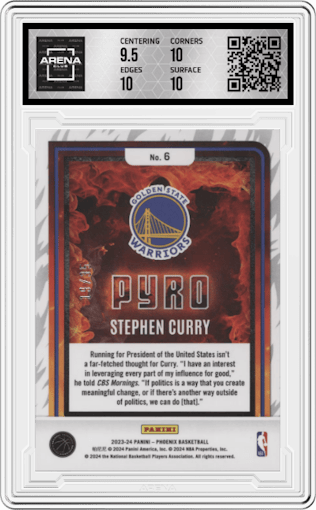 Stephen Curry from the 2023-24 Panini Phoenix set featuring a Yellow parallel graded by Arena Club and given an overall grade of 10.