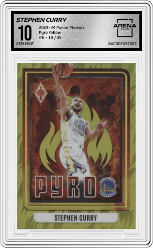 Stephen Curry from the 2023-24 Panini Phoenix set featuring a Yellow parallel graded by Arena Club and given an overall grade of 10.