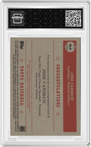 Jose Canseco from the 2021 Topps Chrome Platinum Anniversary set graded by Arena Club.