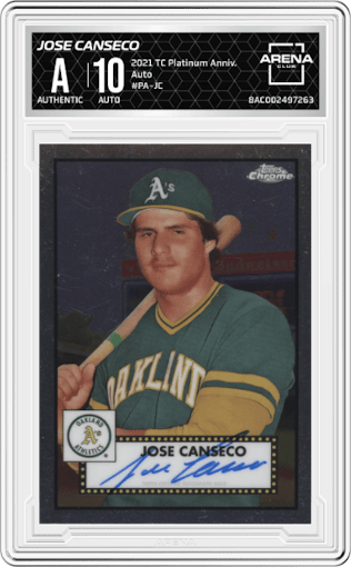 Jose Canseco from the 2021 Topps Chrome Platinum Anniversary set graded by Arena Club.