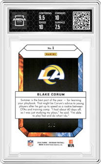 Blake Corum from the 2024 Panini Obsidian set featuring a Jade parallel graded by Arena Club and given an overall grade of 8.