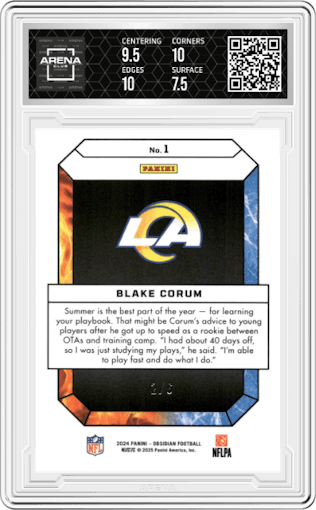 Blake Corum from the 2024 Panini Obsidian set featuring a Jade parallel graded by Arena Club and given an overall grade of 8.