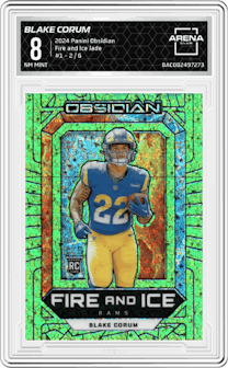 Blake Corum from the 2024 Panini Obsidian set featuring a Jade parallel graded by Arena Club and given an overall grade of 8.