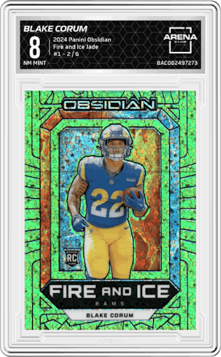 Blake Corum from the 2024 Panini Obsidian set featuring a Jade parallel graded by Arena Club and given an overall grade of 8.