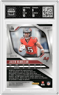Jalen McMillan from the 2024 Panini Prizm set featuring a Red Shimmer parallel and given an overall grade of 9.5.