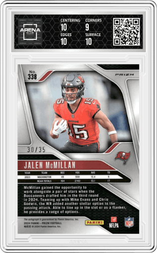 Jalen McMillan from the 2024 Panini Prizm set featuring a Red Shimmer parallel graded by Arena Club and given an overall grade of 9.5.