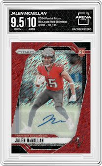 Jalen McMillan from the 2024 Panini Prizm set featuring a Red Shimmer parallel and given an overall grade of 9.5.