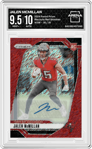 Jalen McMillan from the 2024 Panini Prizm set featuring a Red Shimmer parallel graded by Arena Club and given an overall grade of 9.5.