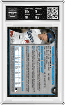 Yoshinobu Yamamoto from the 2024 Bowman Chrome set graded by Arena Club and given an overall grade of 9.