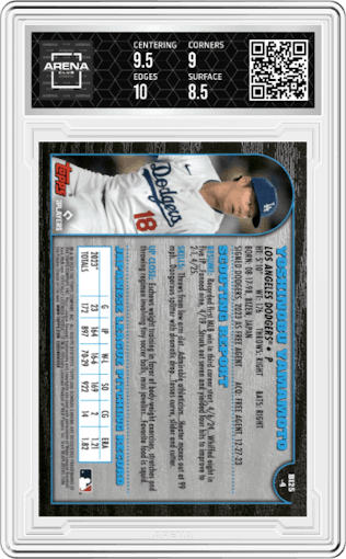 Yoshinobu Yamamoto from the 2024 Bowman Chrome set graded by Arena Club and given an overall grade of 9.