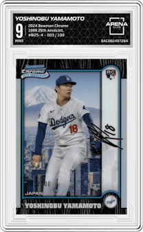 Yoshinobu Yamamoto from the 2024 Bowman Chrome set graded by Arena Club and given an overall grade of 9.