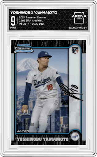 Yoshinobu Yamamoto from the 2024 Bowman Chrome set graded by Arena Club and given an overall grade of 9.