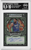 Karl-Anthony Towns from the 2021-22 Panini Obsidian set featuring a Electric Etch Green parallel graded by Arena Club and given an overall grade of 9.5.