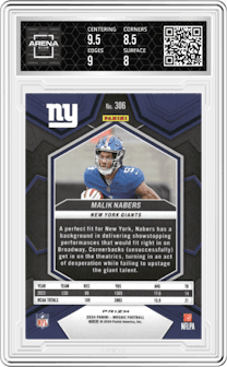 Malik Nabers from the 2024 Panini Mosaic set featuring a Pink Camo parallel graded by Arena Club and given an overall grade of 8.5.