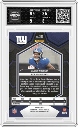 Malik Nabers from the 2024 Panini Mosaic set featuring a Pink Camo parallel graded by Arena Club and given an overall grade of 8.5.